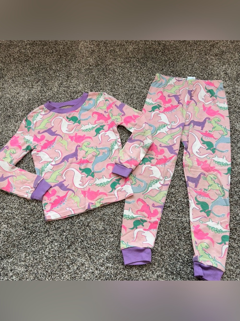 Kids Pink Dinosaur Pajama Set with Purple Trim